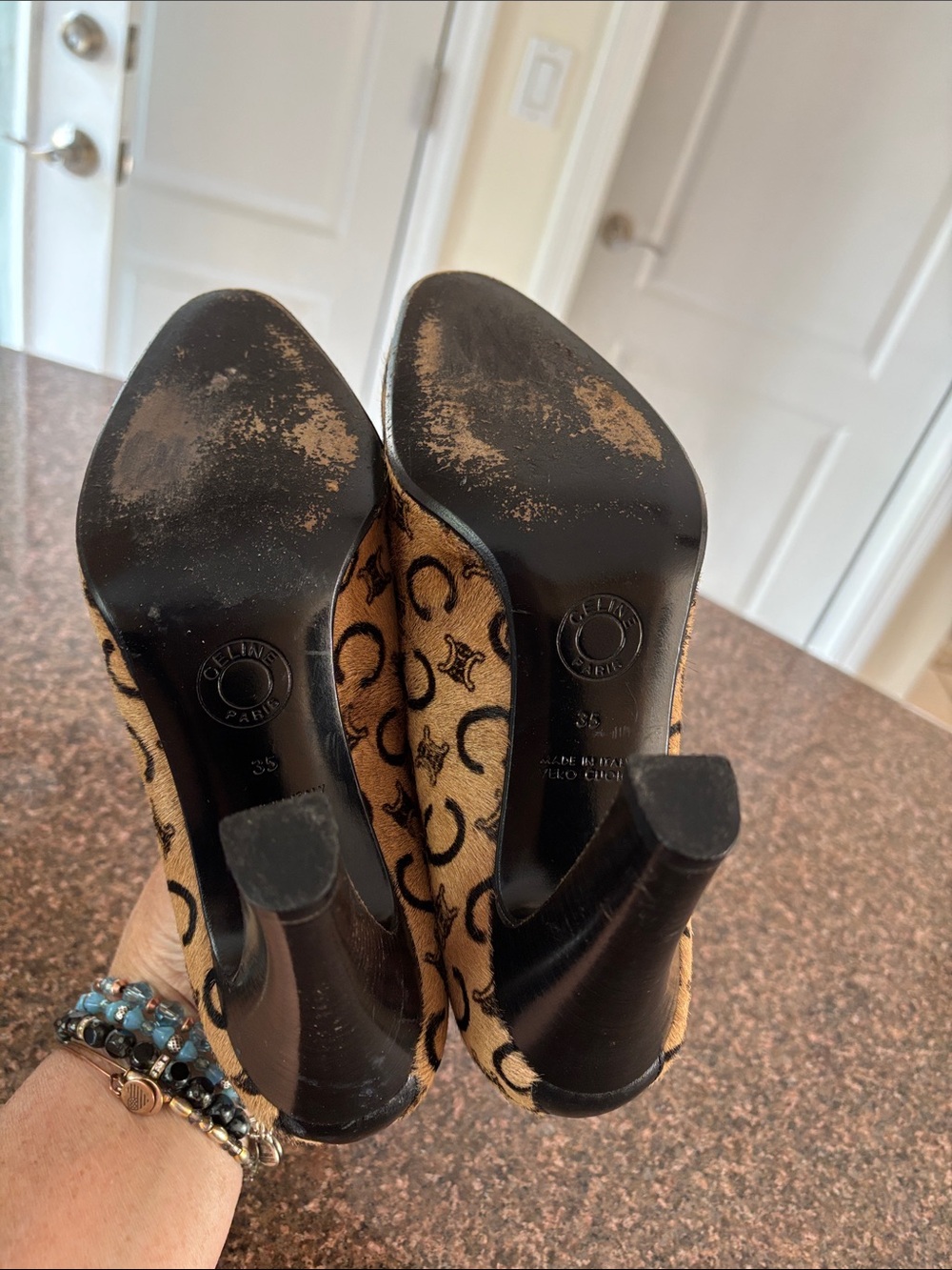 Celine Paris Ladies Tan Logo-Print Pony hair Red Interior Mary Jane Heels-5 - Picture 8 of 9